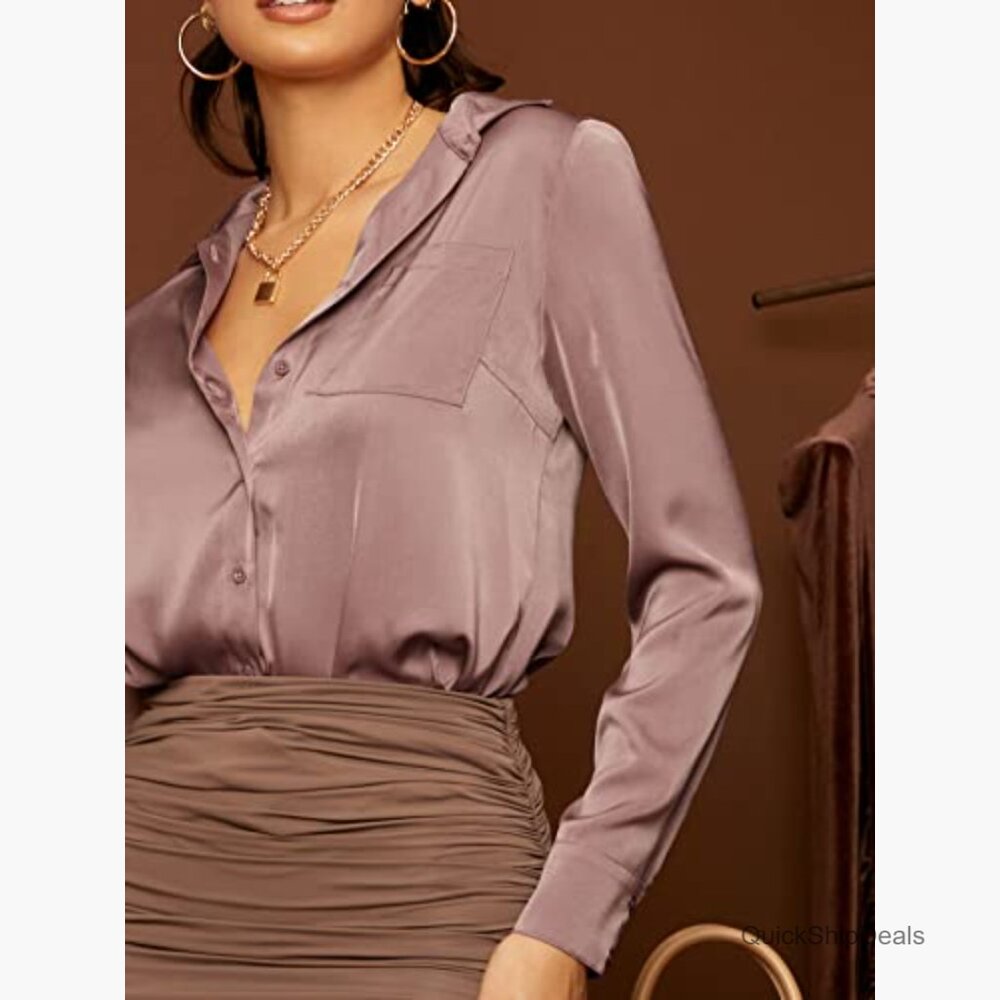 Satin Long Sleeve Button Up Blouse Work Office Silky Shirt - Picture 4 of 5